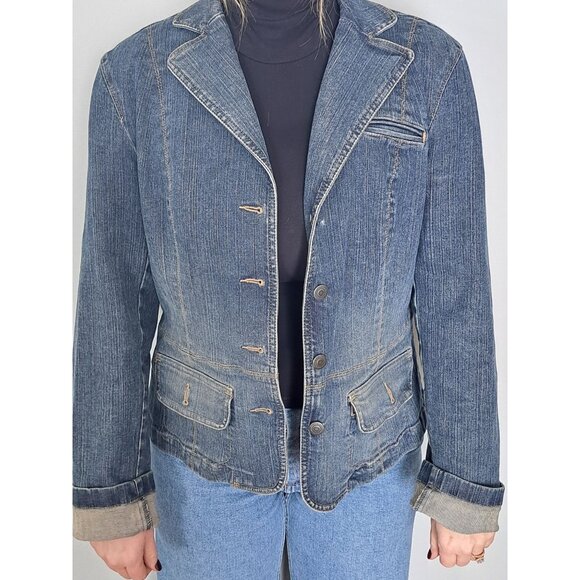 Y2K Ann Taylor Loft Womens Denim Blazer Jacket Size 8 Button Front Cotton Blue - Picture 3 of 10